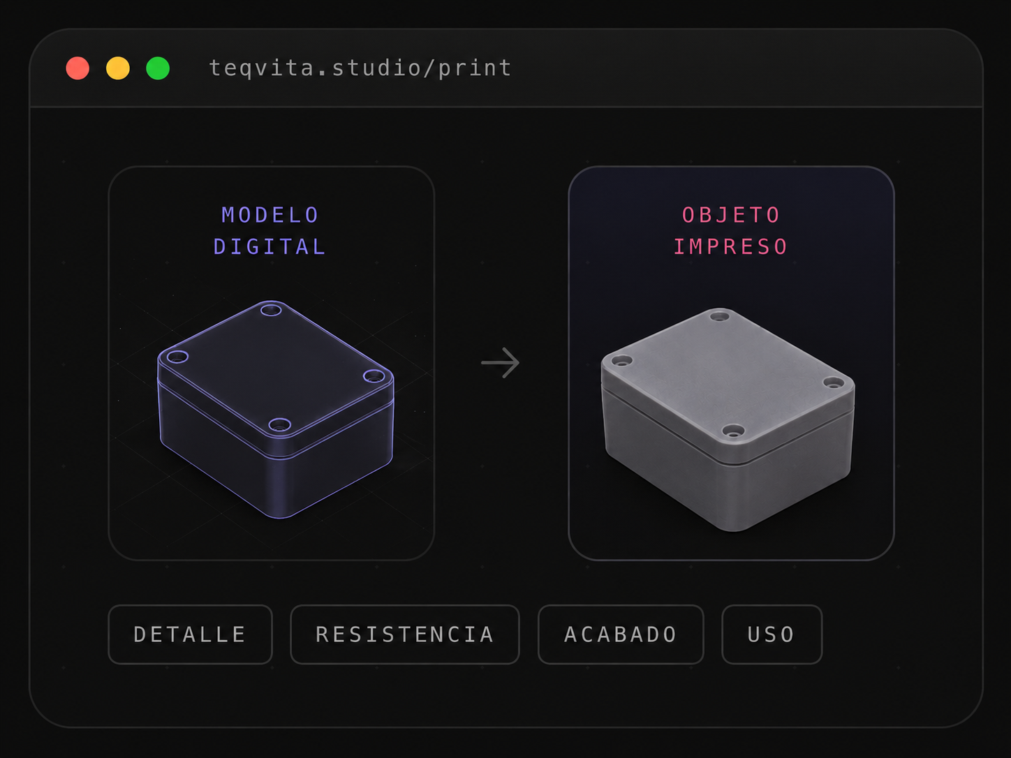 Teqvita 3D Print flow showing a digital enclosure model becoming a gray resin printed object